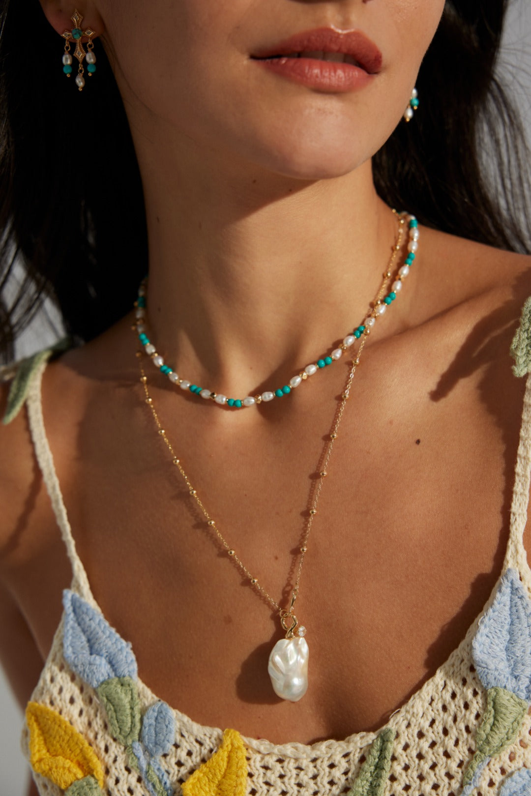 Pearls and Turquoise Stones Necklace